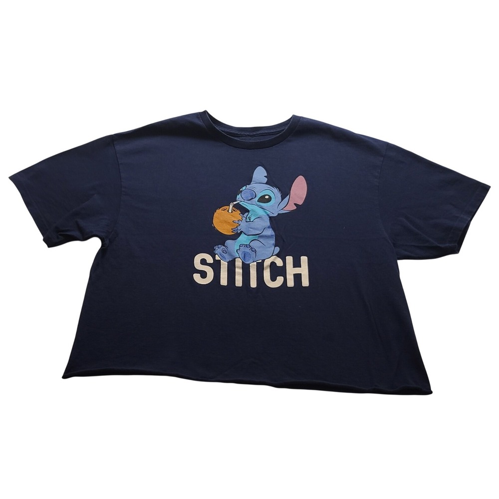 Disney Stitch Navy Blue Cropped Graphic T-Shirt Women's L Lilo & Stitch Classic